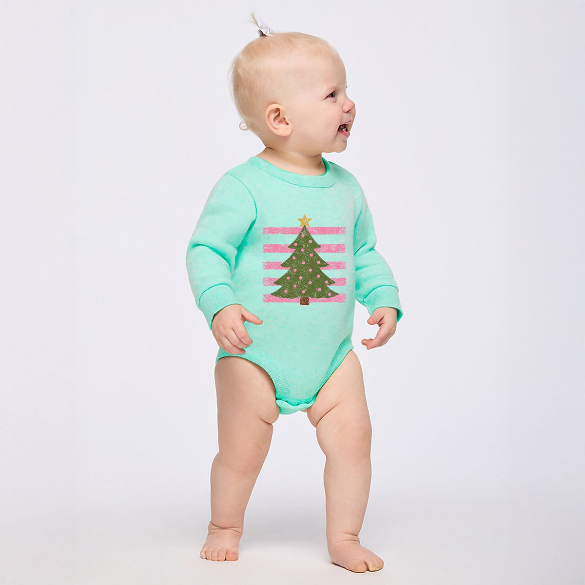 Christmas Tree Pink Stripes - Infant Fleece BodySuit