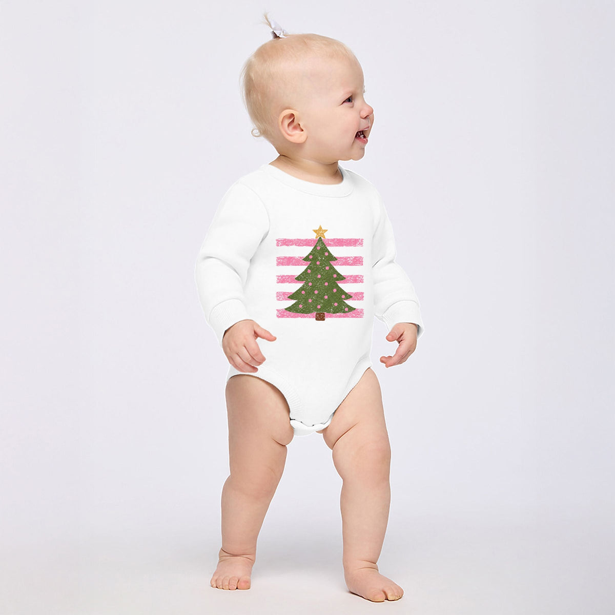 Christmas Tree Pink Stripes - Infant Fleece BodySuit