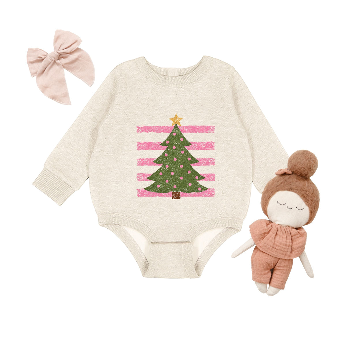 Christmas Tree Pink Stripes - Infant Fleece BodySuit