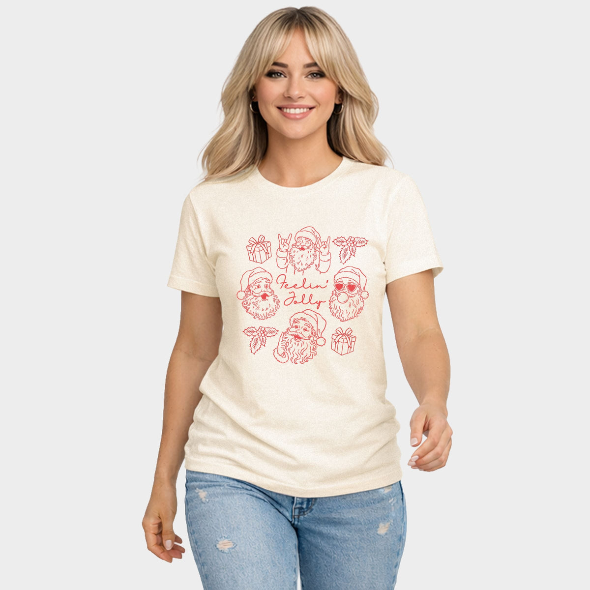 Feelin' Jolly Santa Outline - Women's Short Sleeve Graphic T-Shirt