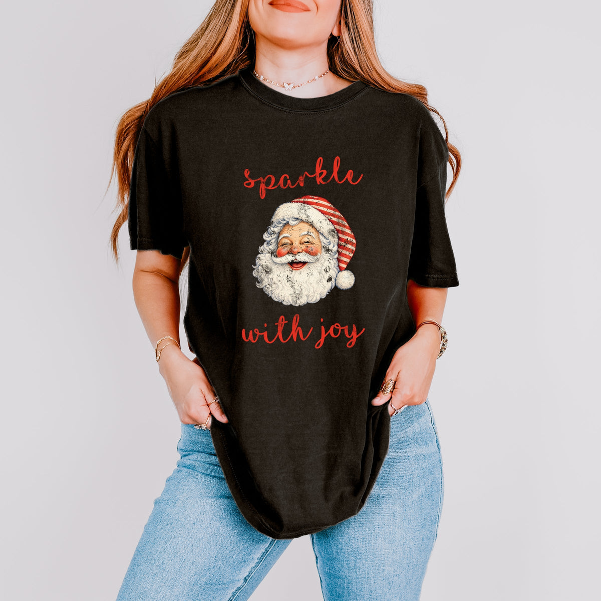Sparkle With Joy Santa - Women's Garment Dyed Graphic T-Shirt