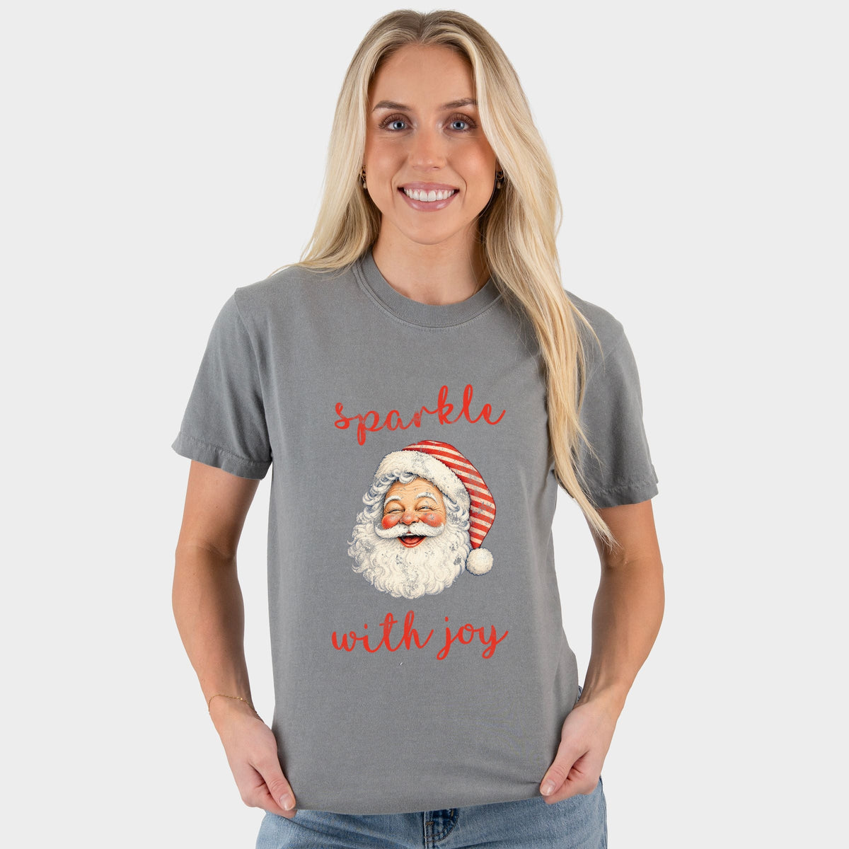 Sparkle With Joy Santa - Women's Garment Dyed Graphic T-Shirt