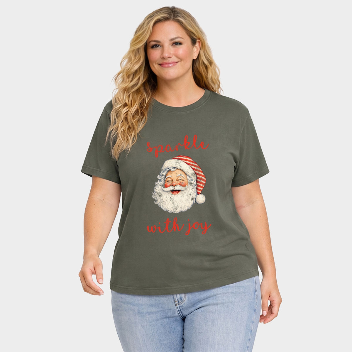 Sparkle With Joy Santa - Women's Plus Garment Dyed Tee