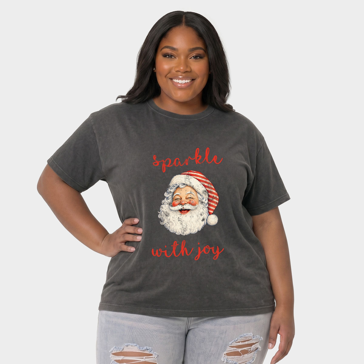 Sparkle With Joy Santa - Women's Plus Garment Dyed Tee