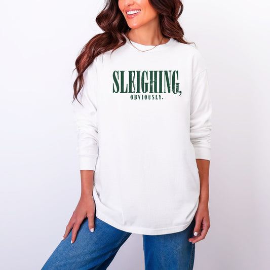 Sleighing, Obviously - Women's Garment Dyed Long Sleeve Graphic T-Shirt