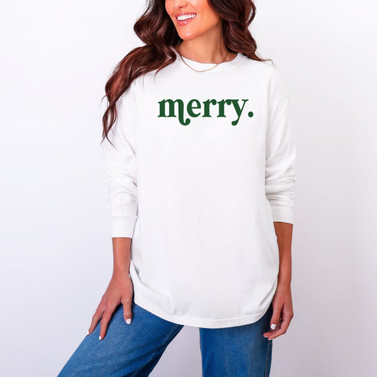 Merry Green - Women's Garment Dyed Long Sleeve Graphic T-Shirt
