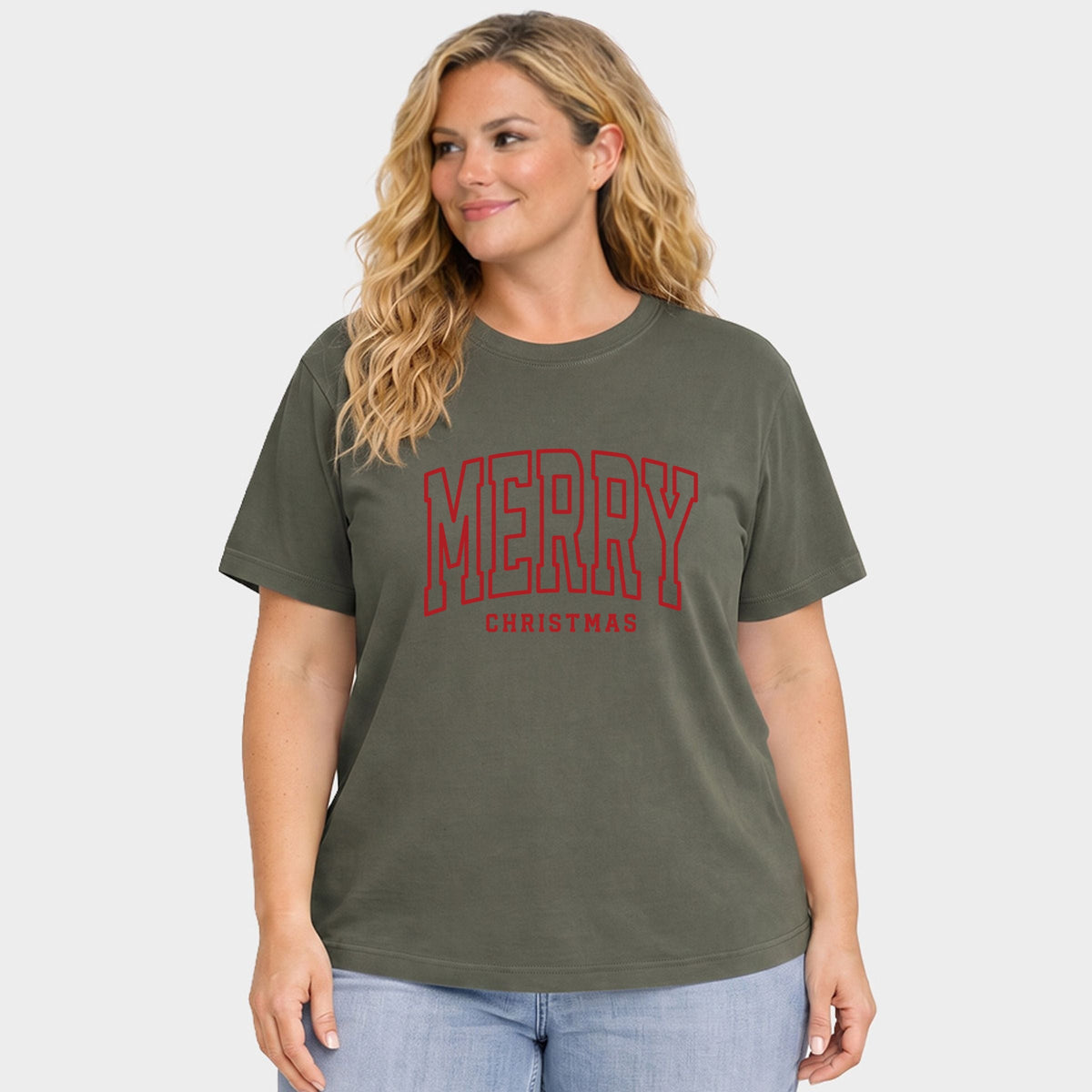 Merry Christmas Arched Outline - Women's Plus Garment Dyed Tee