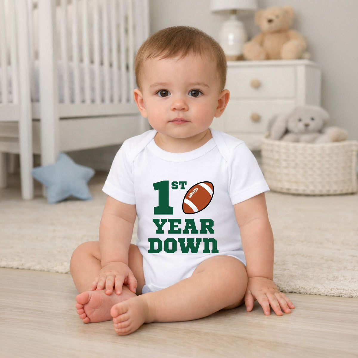 1st Year Down Football - Baby Short Sleeve Graphic Bodysuit
