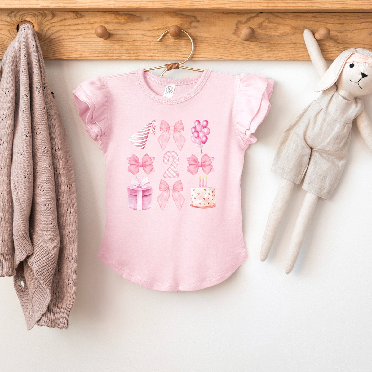 Two Birthday Pink Coquette - Flutter Sleeve Graphic T-Shirt