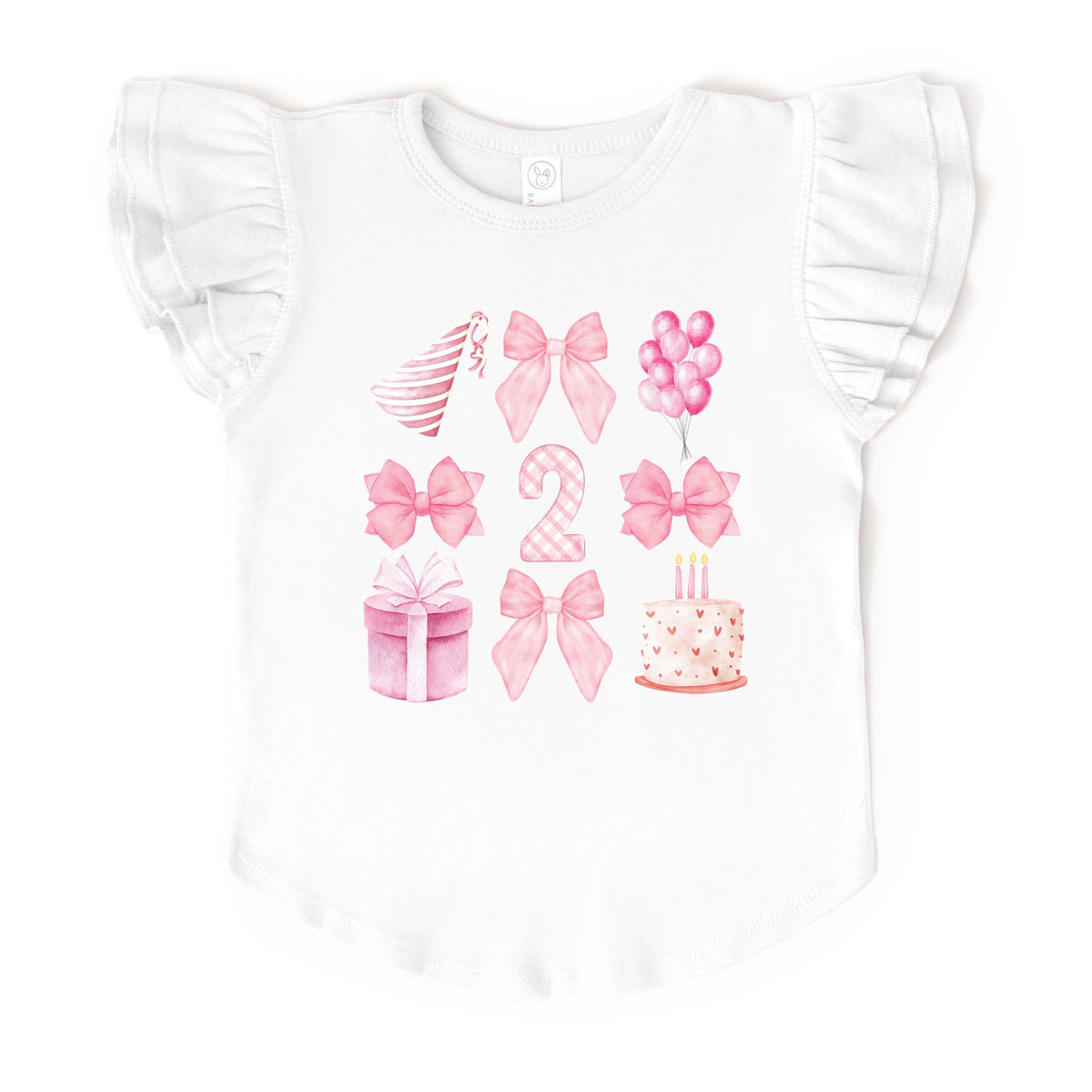 Two Birthday Pink Coquette - Flutter Sleeve Graphic T-Shirt