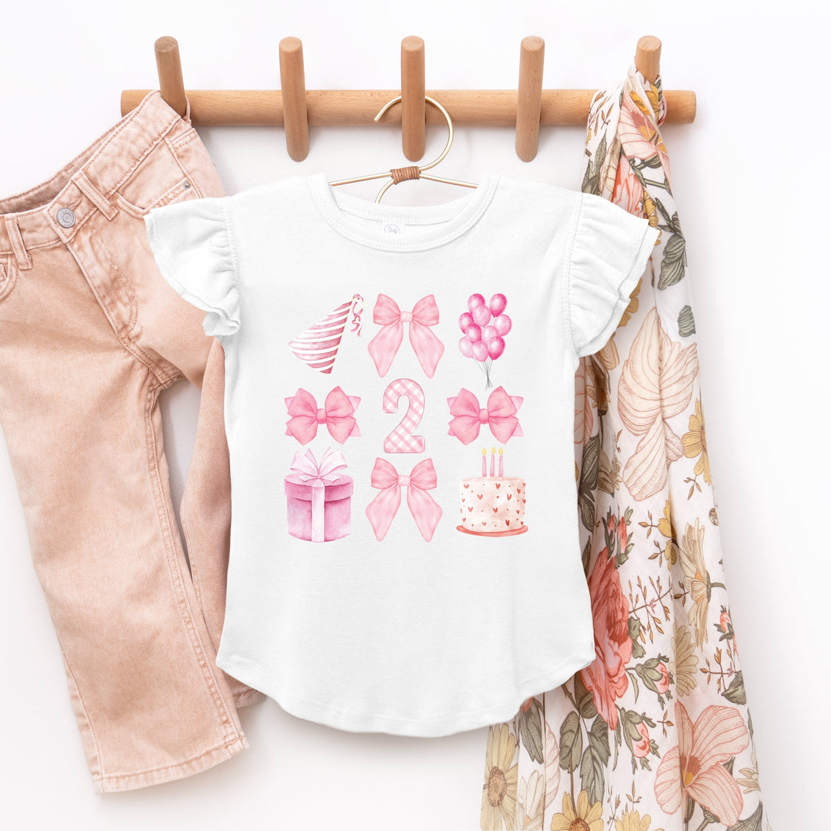 Two Birthday Pink Coquette - Flutter Sleeve Graphic T-Shirt