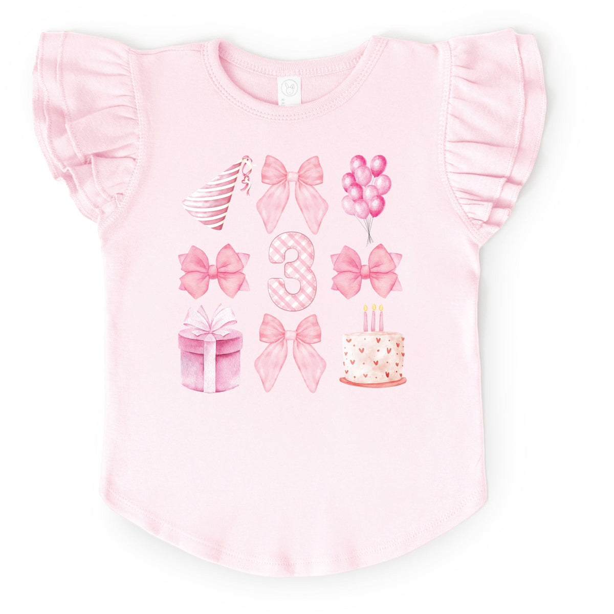 Three Birthday Pink Coquette - Flutter Sleeve Graphic T-Shirt