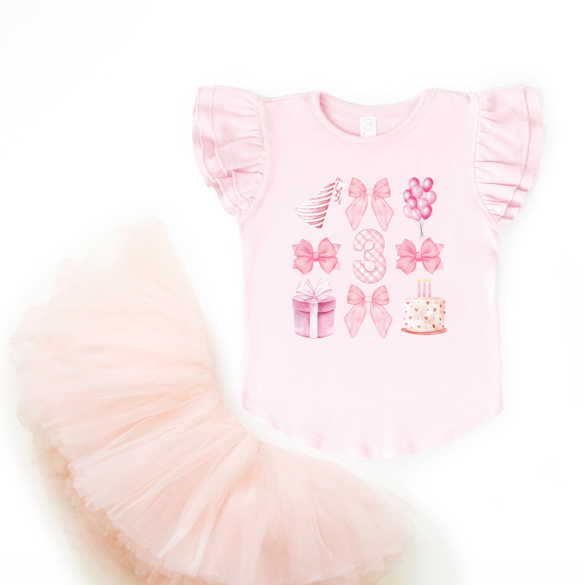 Three Birthday Pink Coquette - Flutter Sleeve Graphic T-Shirt