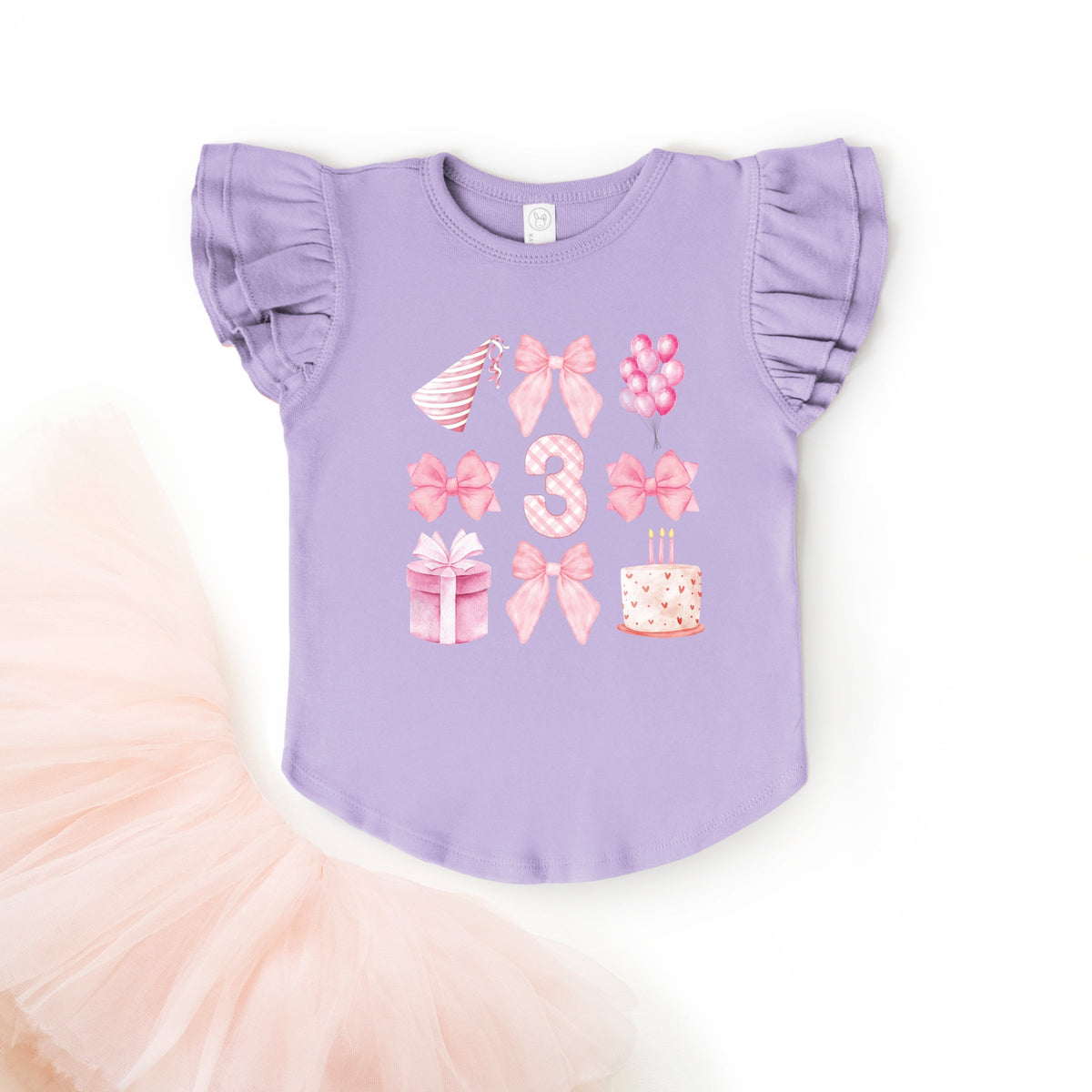 Three Birthday Pink Coquette - Flutter Sleeve Graphic T-Shirt