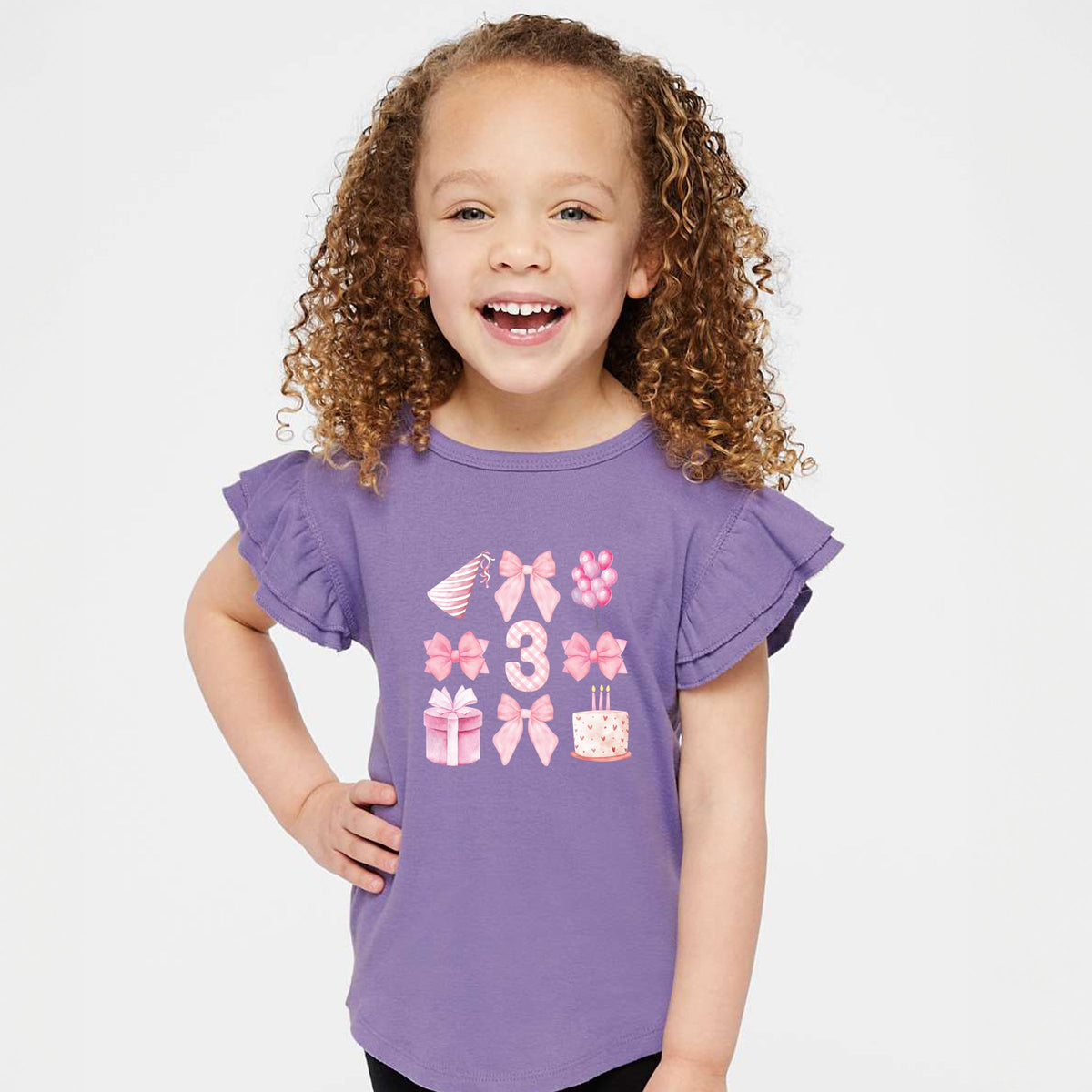 Three Birthday Pink Coquette - Flutter Sleeve Graphic T-Shirt