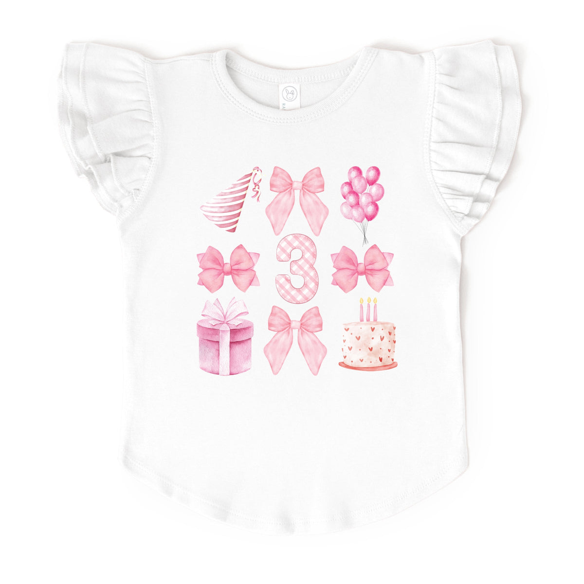 Three Birthday Pink Coquette - Flutter Sleeve Graphic T-Shirt