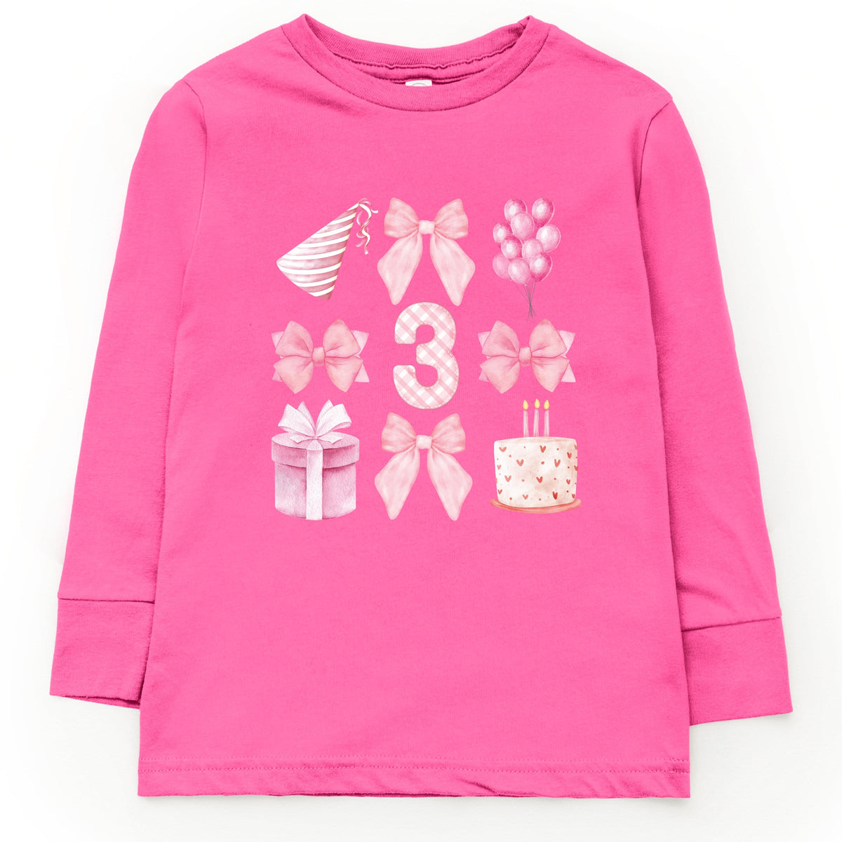 Three Birthday Pink Coquette - Toddler Long Sleeve Graphic Tee