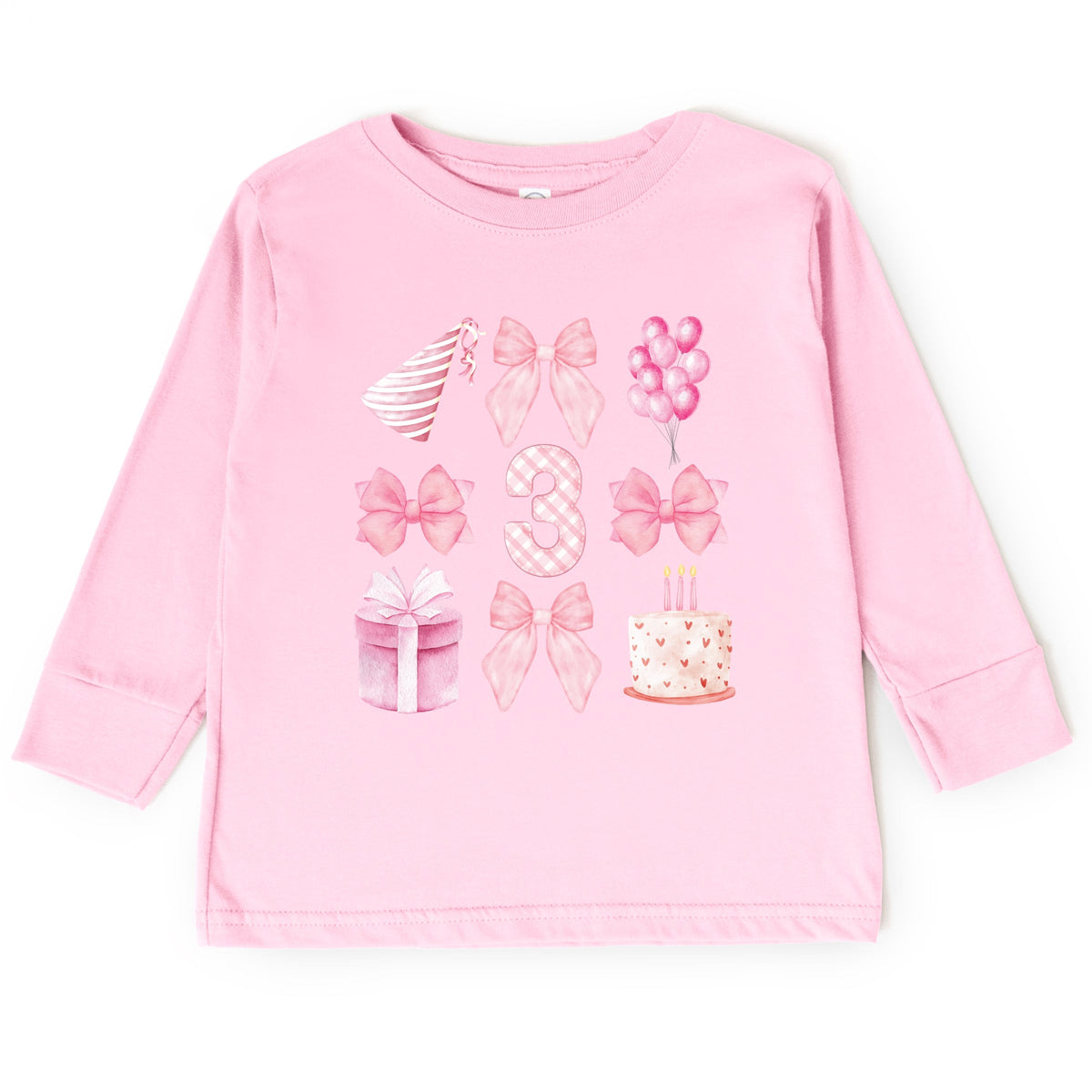 Three Birthday Pink Coquette - Toddler Long Sleeve Graphic Tee
