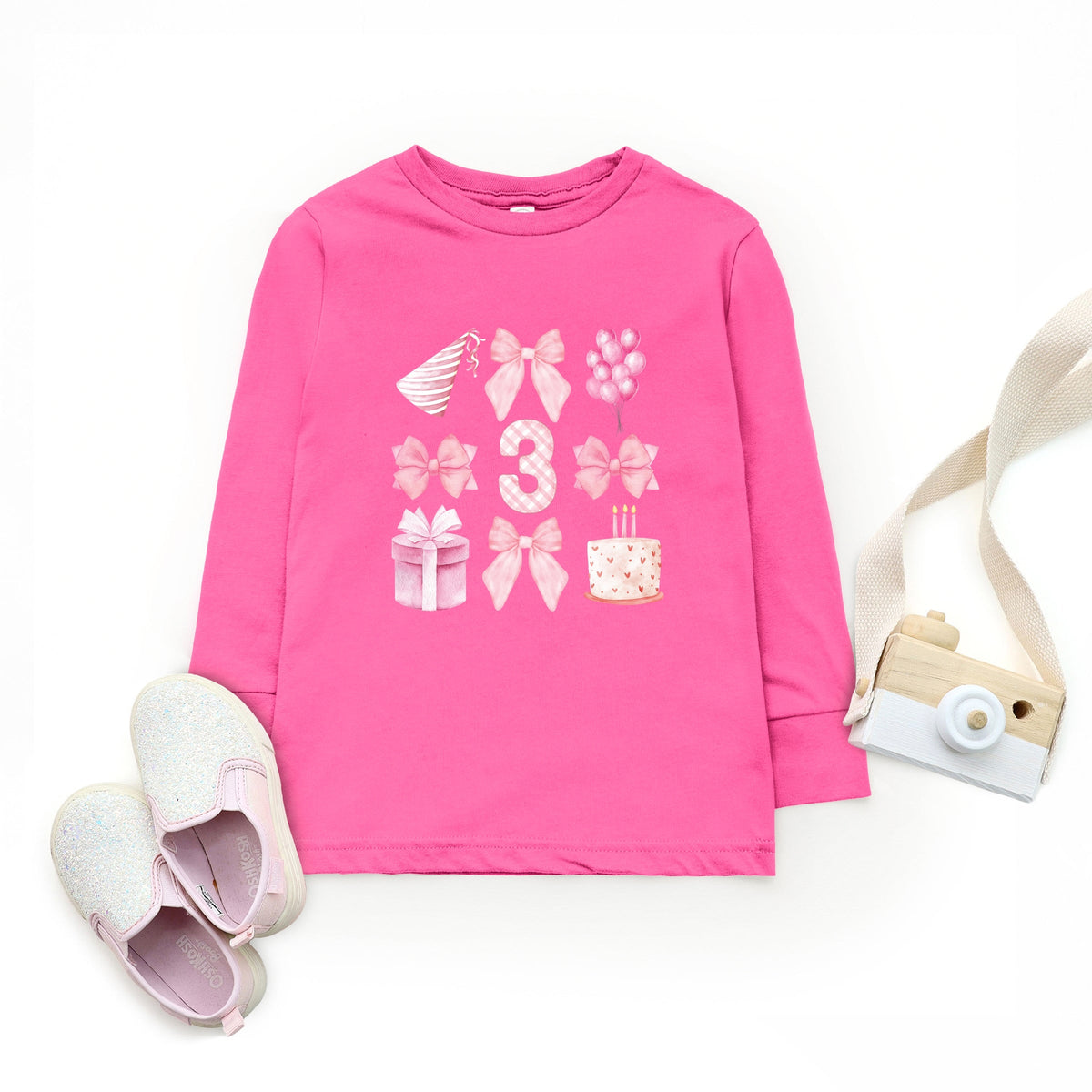 Three Birthday Pink Coquette - Toddler Long Sleeve Graphic Tee