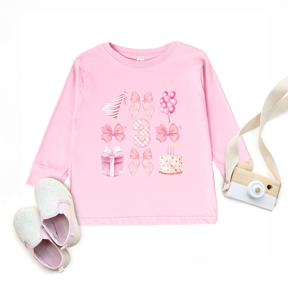 Three Birthday Pink Coquette - Toddler Long Sleeve Graphic Tee