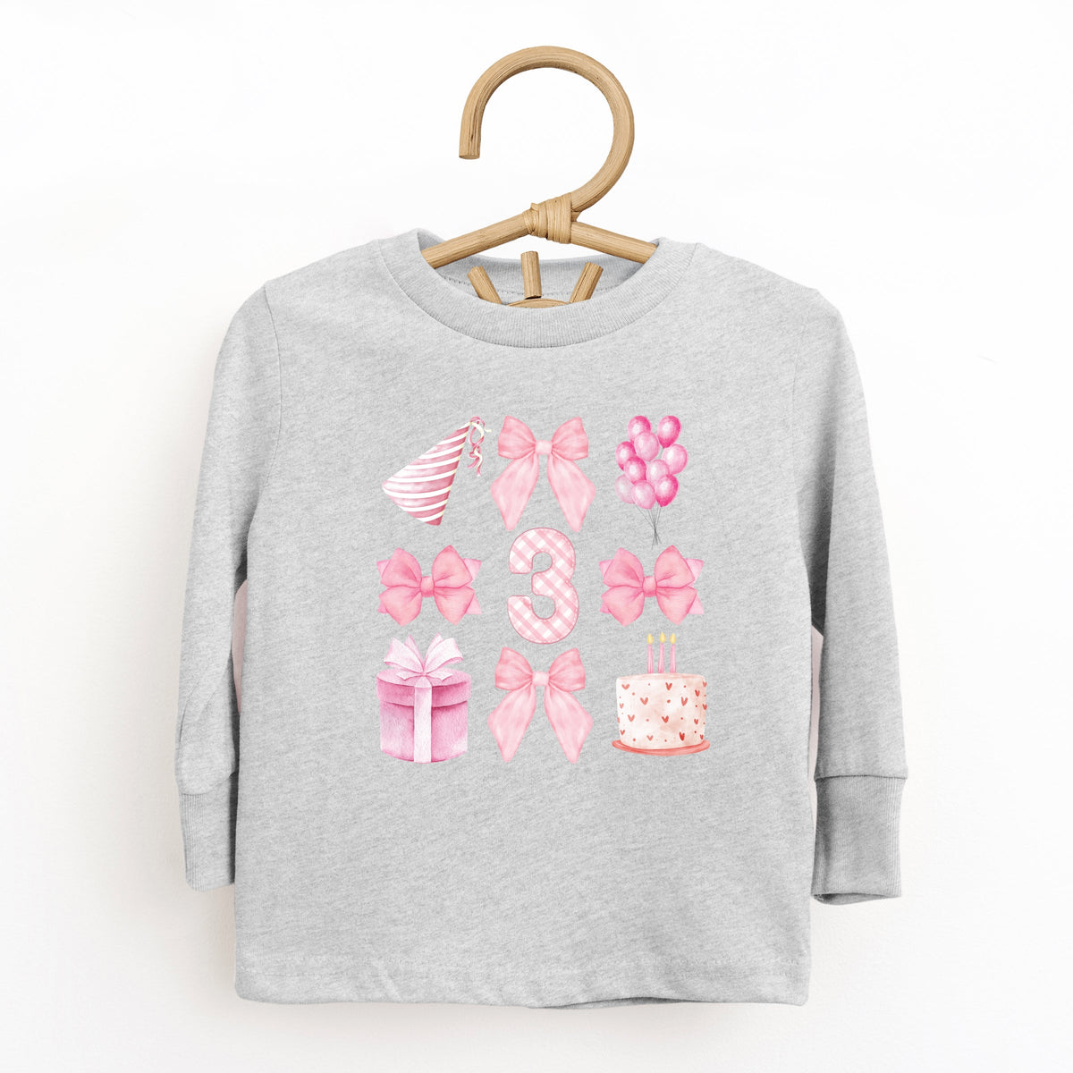 Three Birthday Pink Coquette - Toddler Long Sleeve Graphic Tee