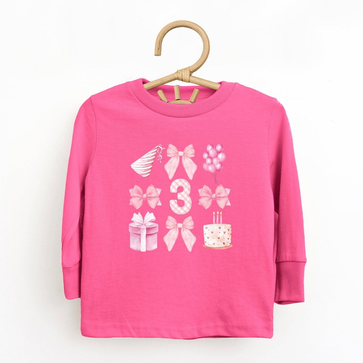Three Birthday Pink Coquette - Toddler Long Sleeve Graphic Tee