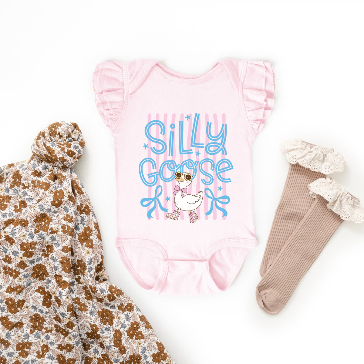 Silly Goose Stripes - Baby Girl's Flutter Sleeve Bodysuit