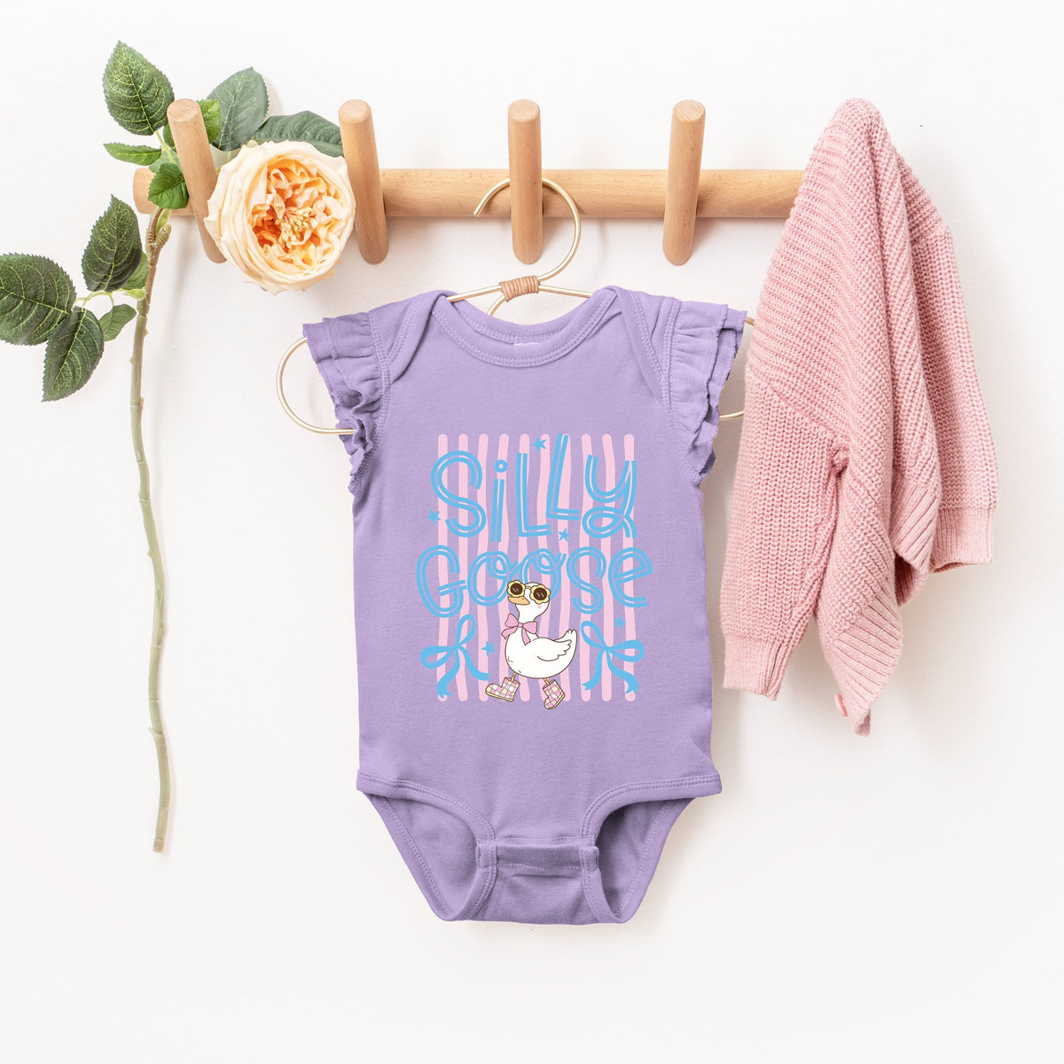 Silly Goose Stripes - Baby Girl's Flutter Sleeve Bodysuit