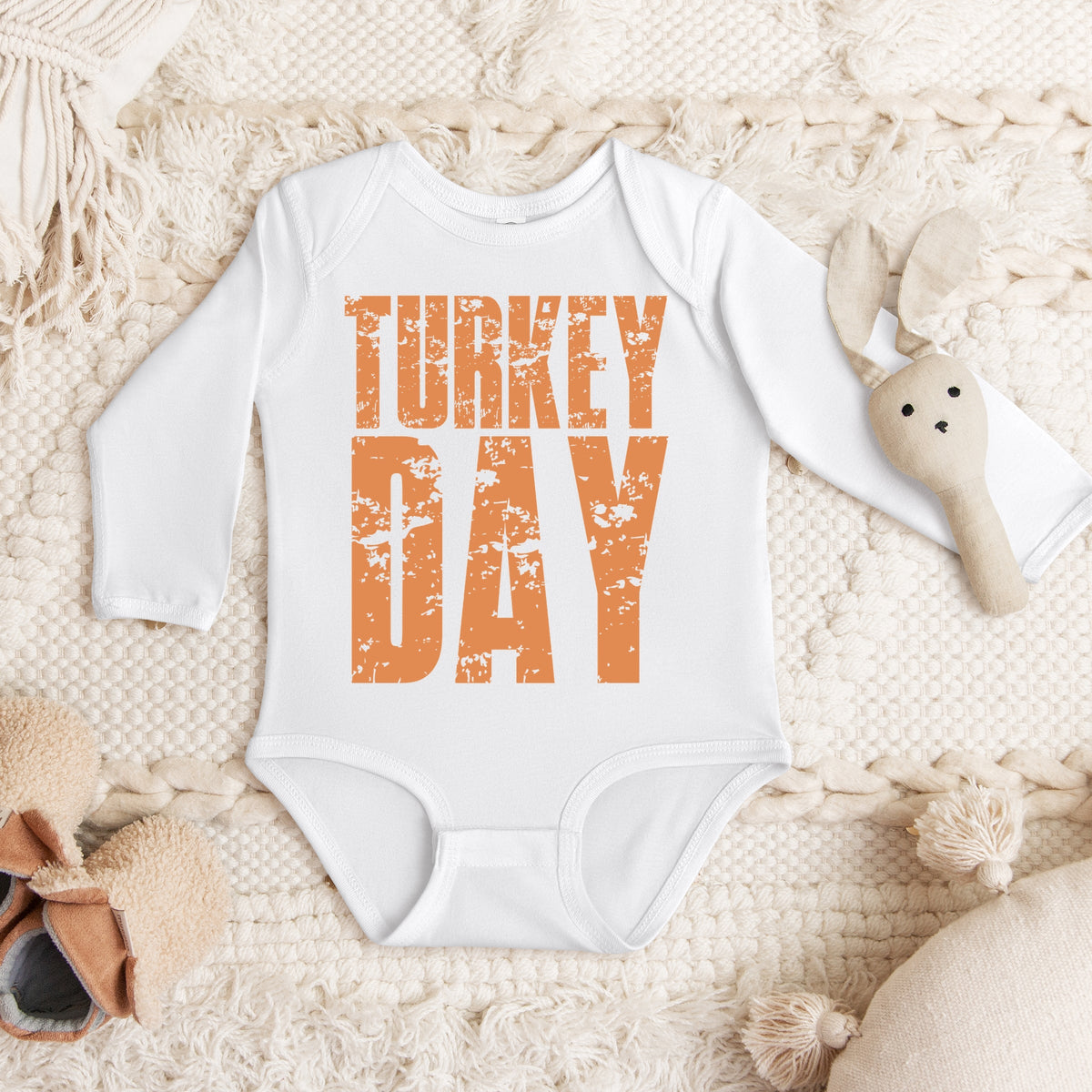 Turkey Day Block Distressed - Baby Long Sleeve Bodysuit