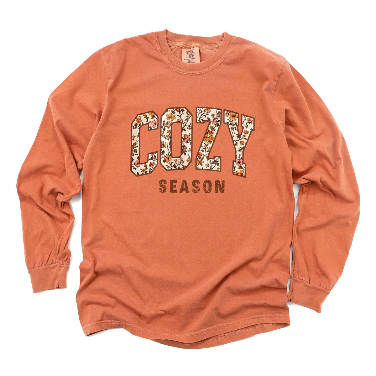 Cozy Season Floral - Women's Garment Dyed Long Sleeve Graphic T-Shirt