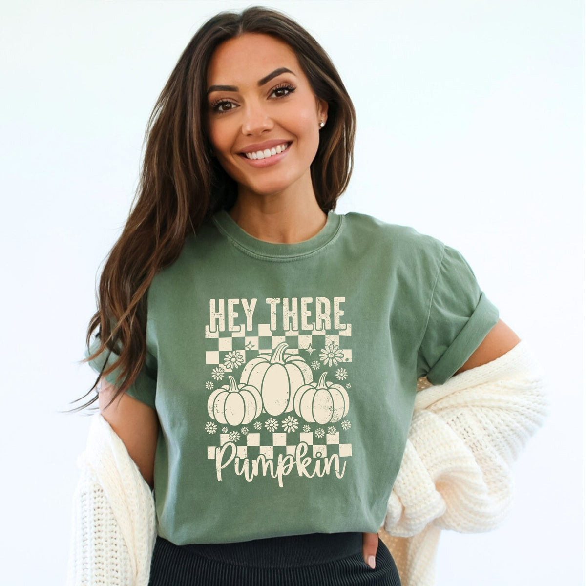 Hey There Pumpkin Checkered - Women's Garment Dyed Graphic T-Shirt