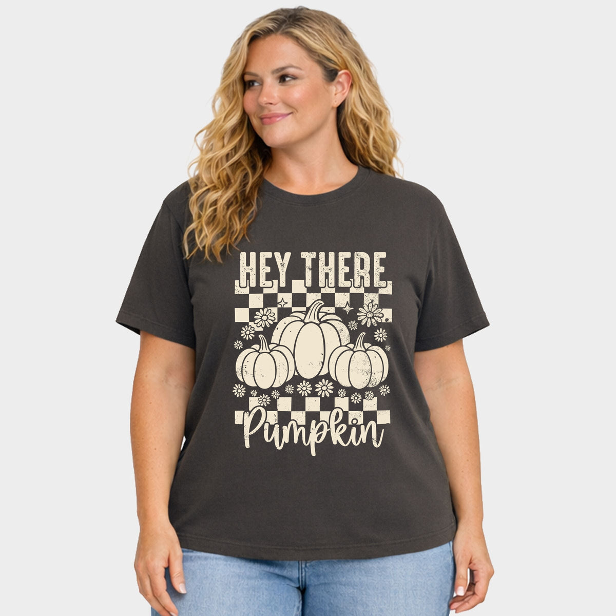 Hey There Pumpkin Checkered - Women's Plus Sized Garment Dyed Graphic T-Shirt