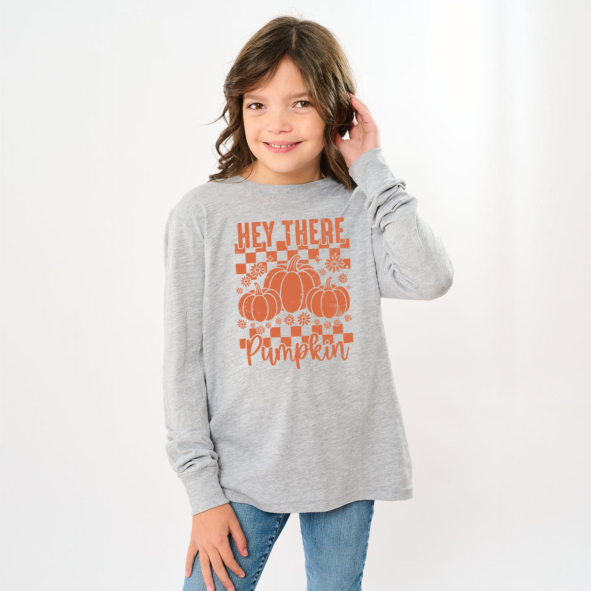 Hey There Pumpkin Checkered - Youth Long Sleeve Graphic T-Shirt