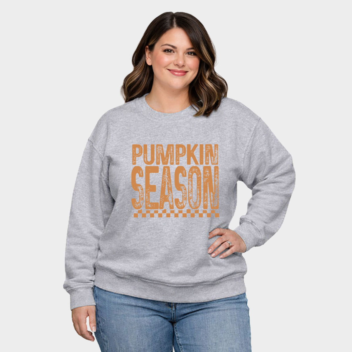 Pumpkin Season Checkered Distressed -  Women's Plus Sized Graphic Sweatshirt