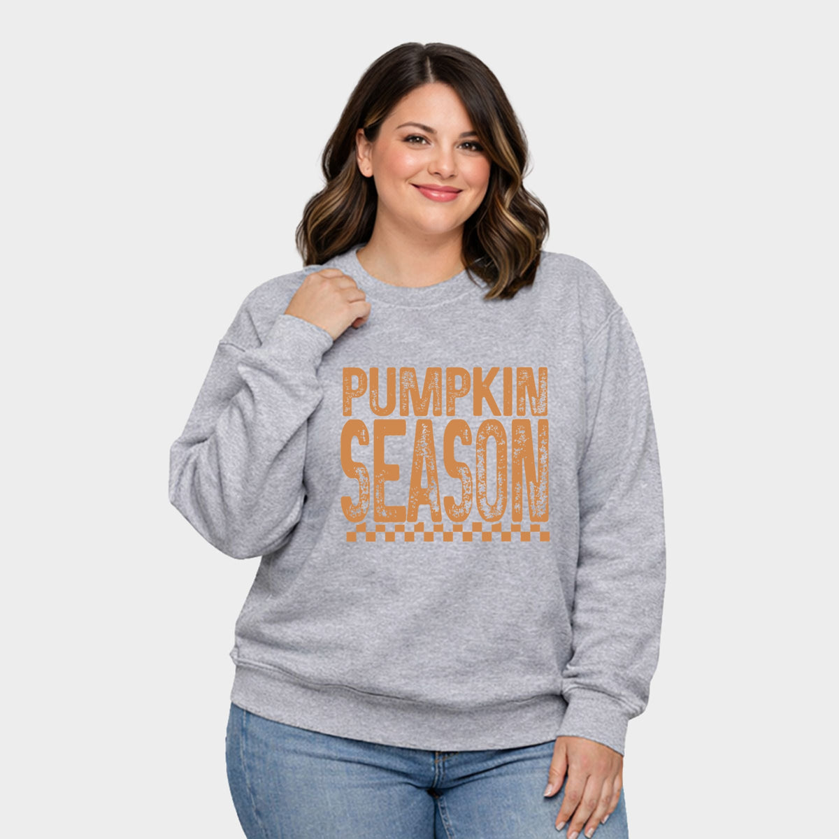 Pumpkin Season Checkered Distressed -  Women's Plus Sized Graphic Sweatshirt