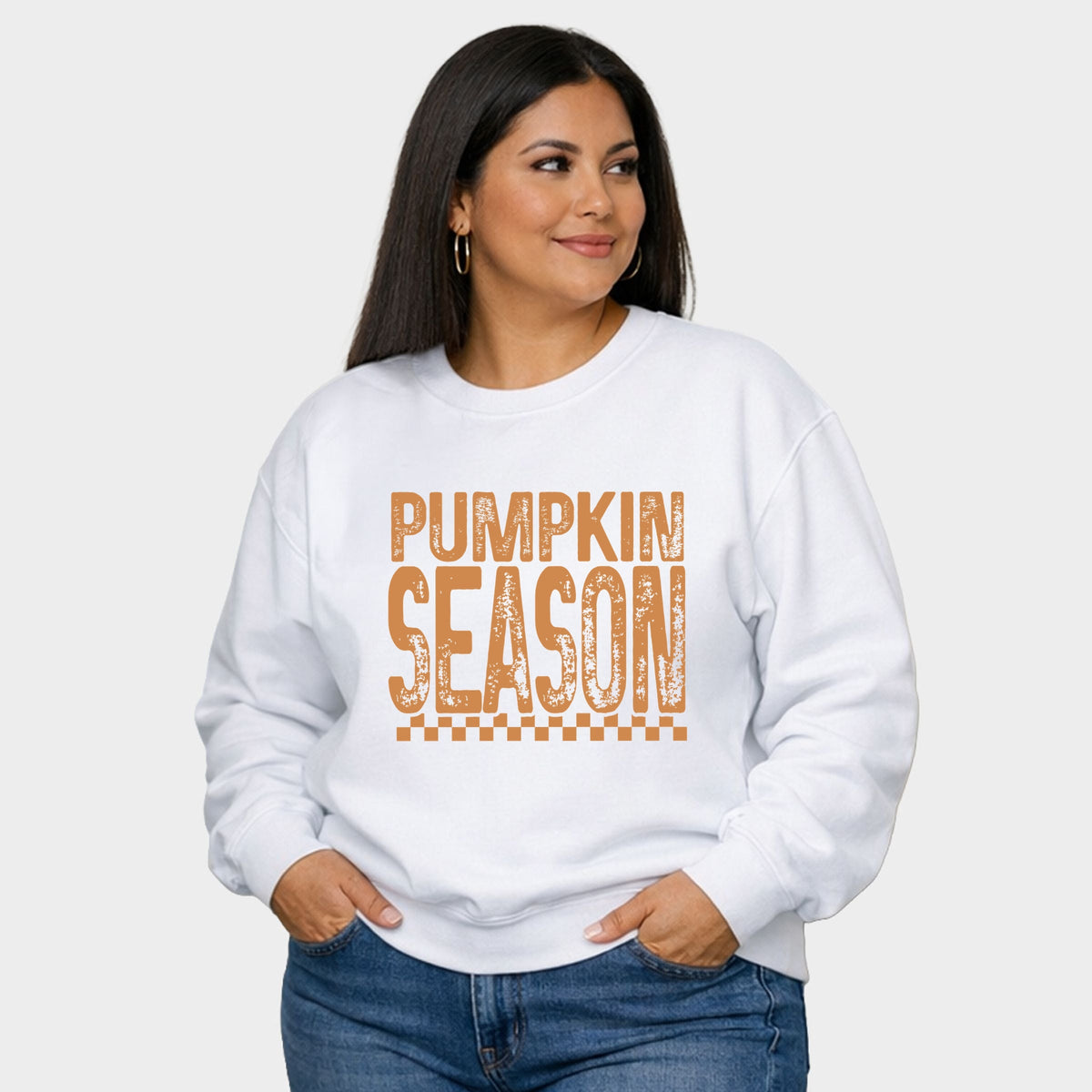 Pumpkin Season Checkered Distressed -  Women's Plus Sized Graphic Sweatshirt