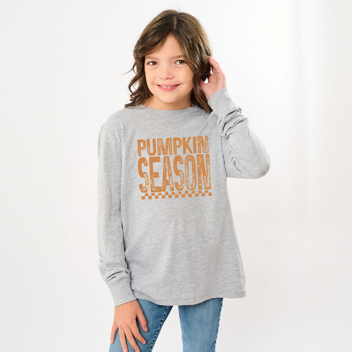 Pumpkin Season Checkered Distressed - Youth Long Sleeve Graphic T-Shirt