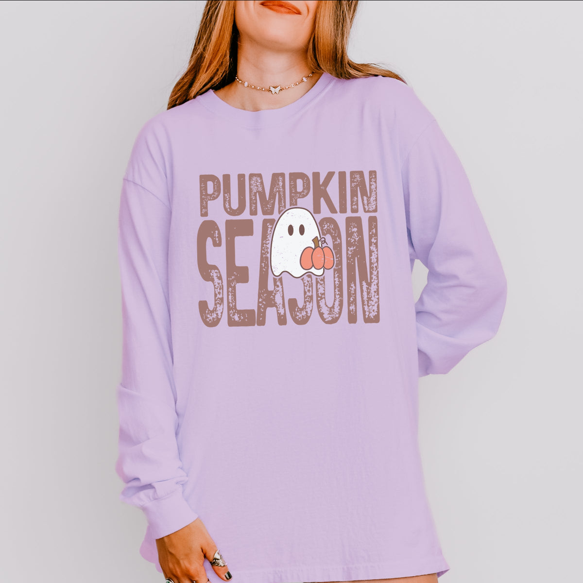 Pumpkin Season Ghost - Women's Garment Dyed Long Sleeve Graphic T-Shirt