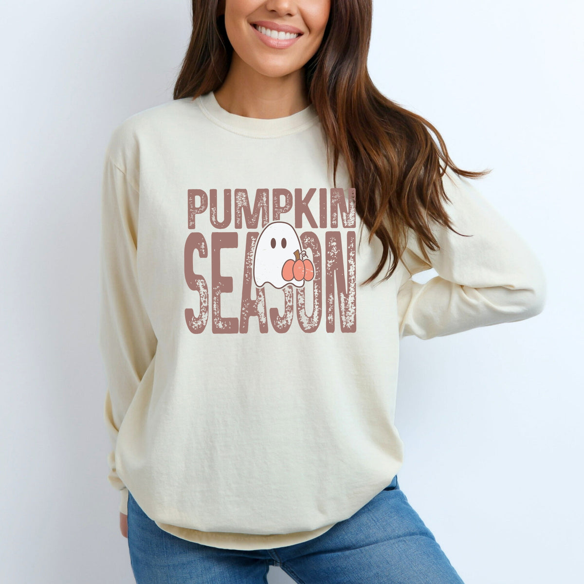 Pumpkin Season Ghost - Women's Garment Dyed Long Sleeve Graphic T-Shirt