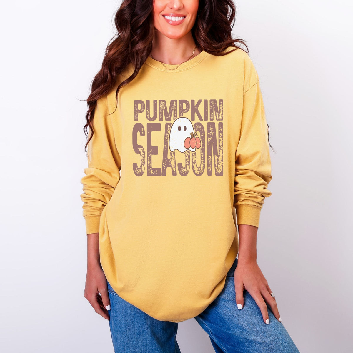Pumpkin Season Ghost - Women's Garment Dyed Long Sleeve Graphic T-Shirt
