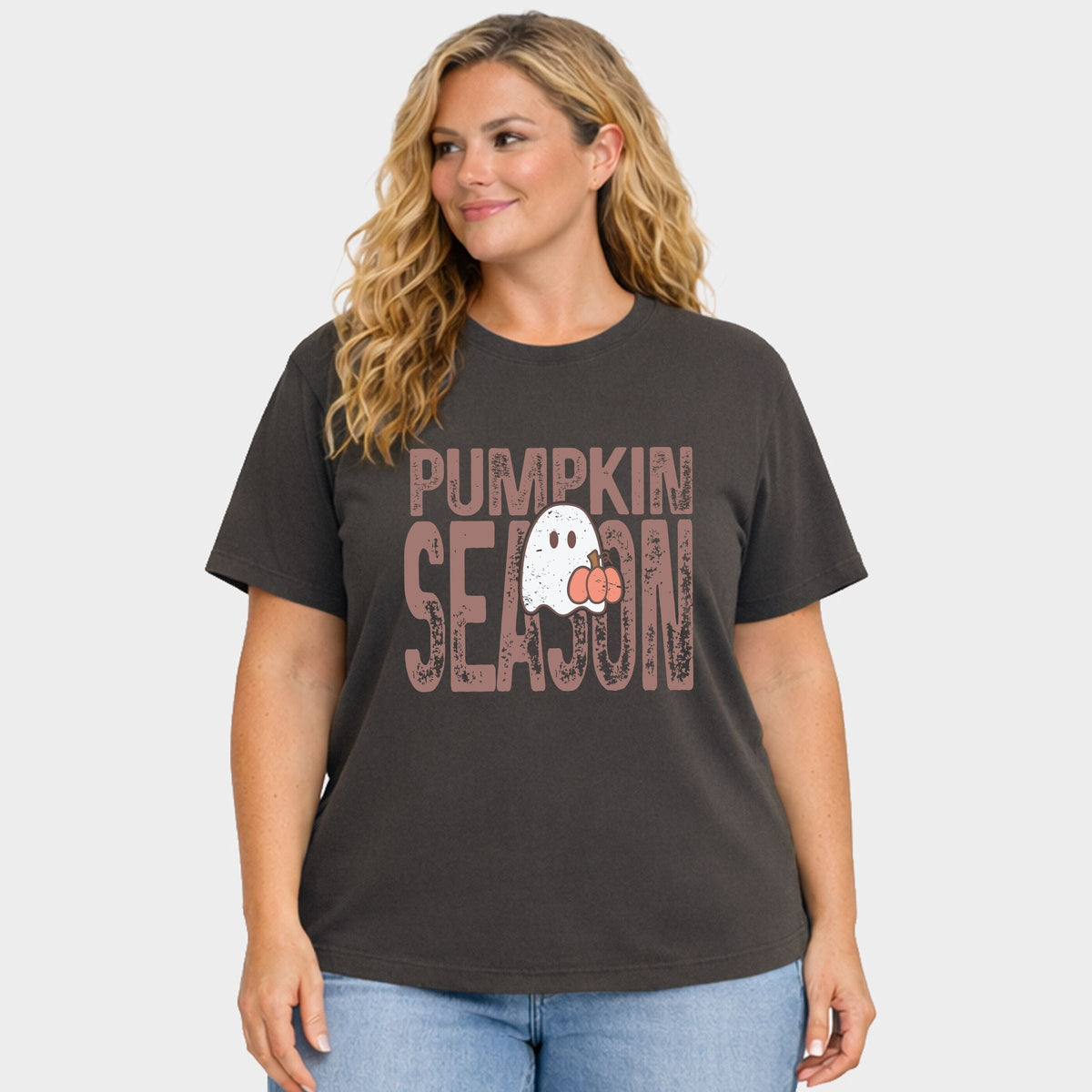 Pumpkin Season Ghost - Women's Plus Sized Garment Dyed Graphic T-Shirt