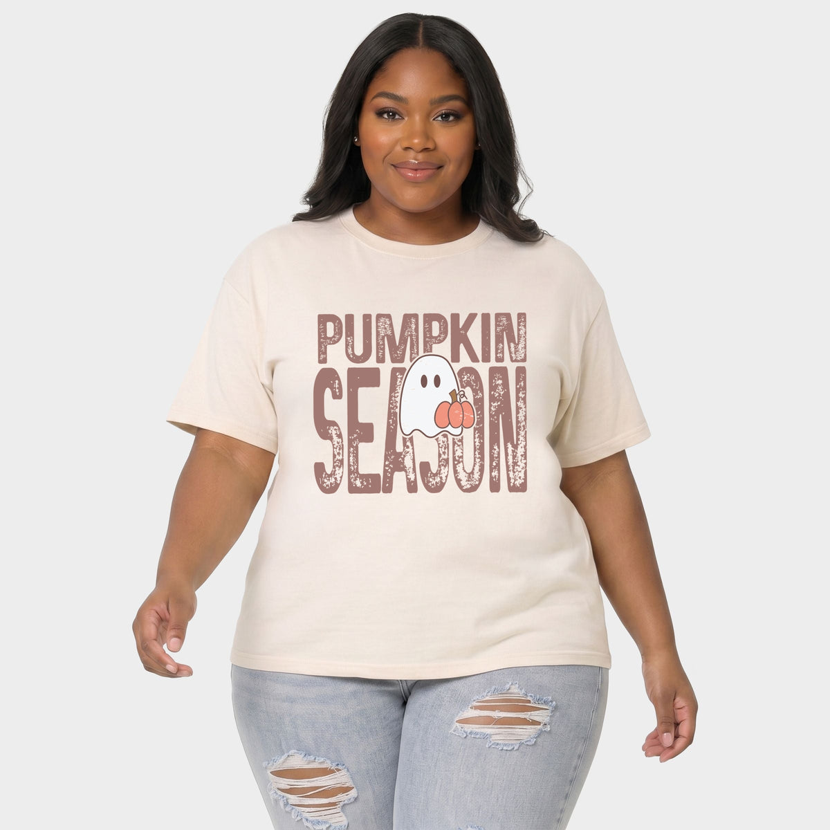 Pumpkin Season Ghost - Women's Plus Sized Garment Dyed Graphic T-Shirt
