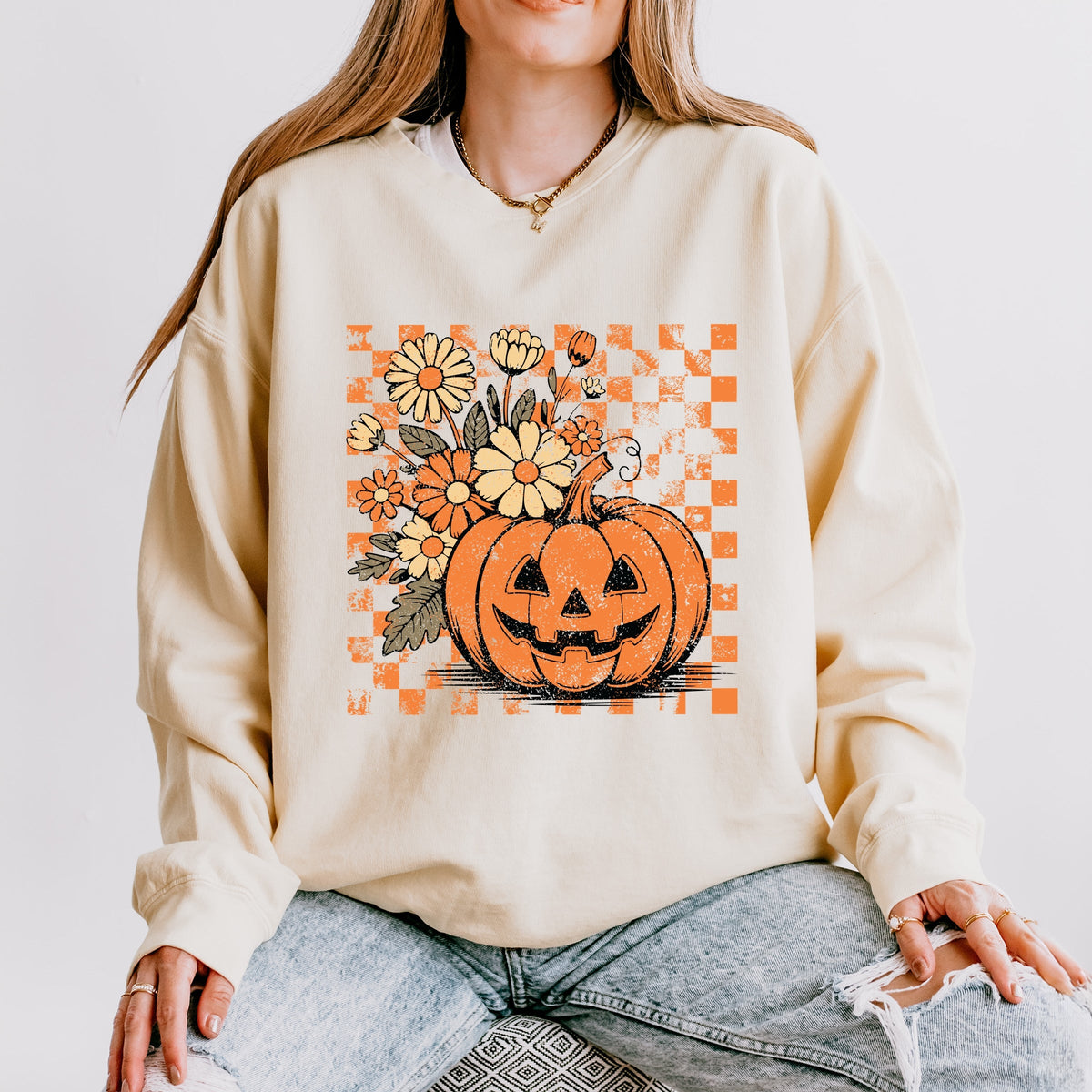 Retro Floral Pumpkin - Women's Lightweight Garment Dyed Sweatshirt