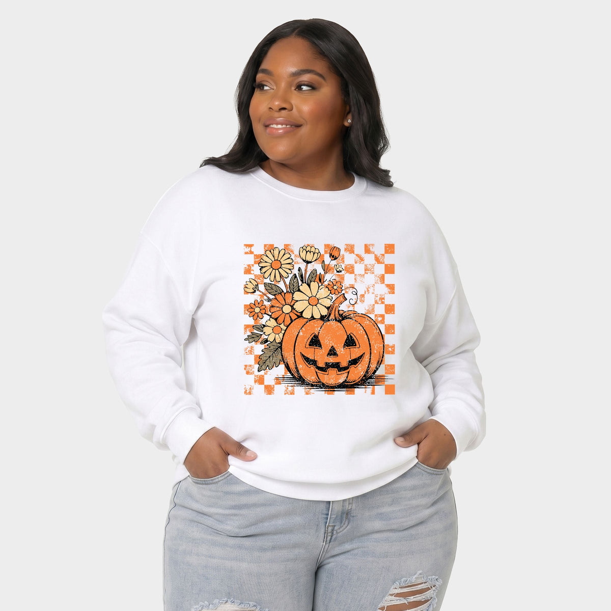 Retro Floral Pumpkin - Women's Plus Sized Graphic Sweatshirt
