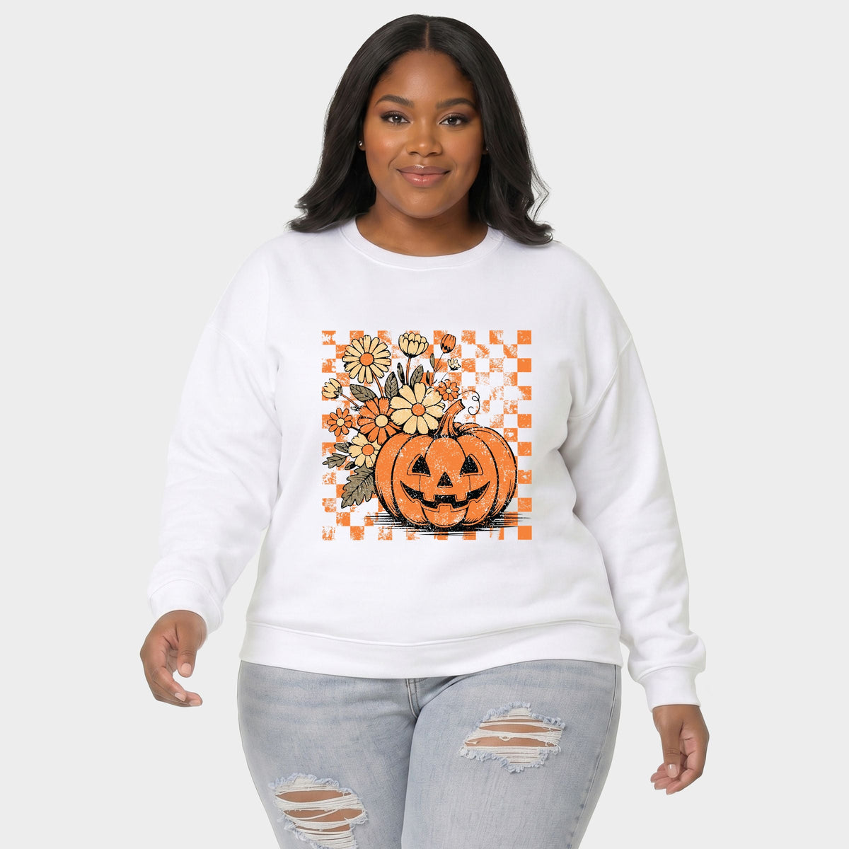Retro Floral Pumpkin - Women's Plus Sized Graphic Sweatshirt