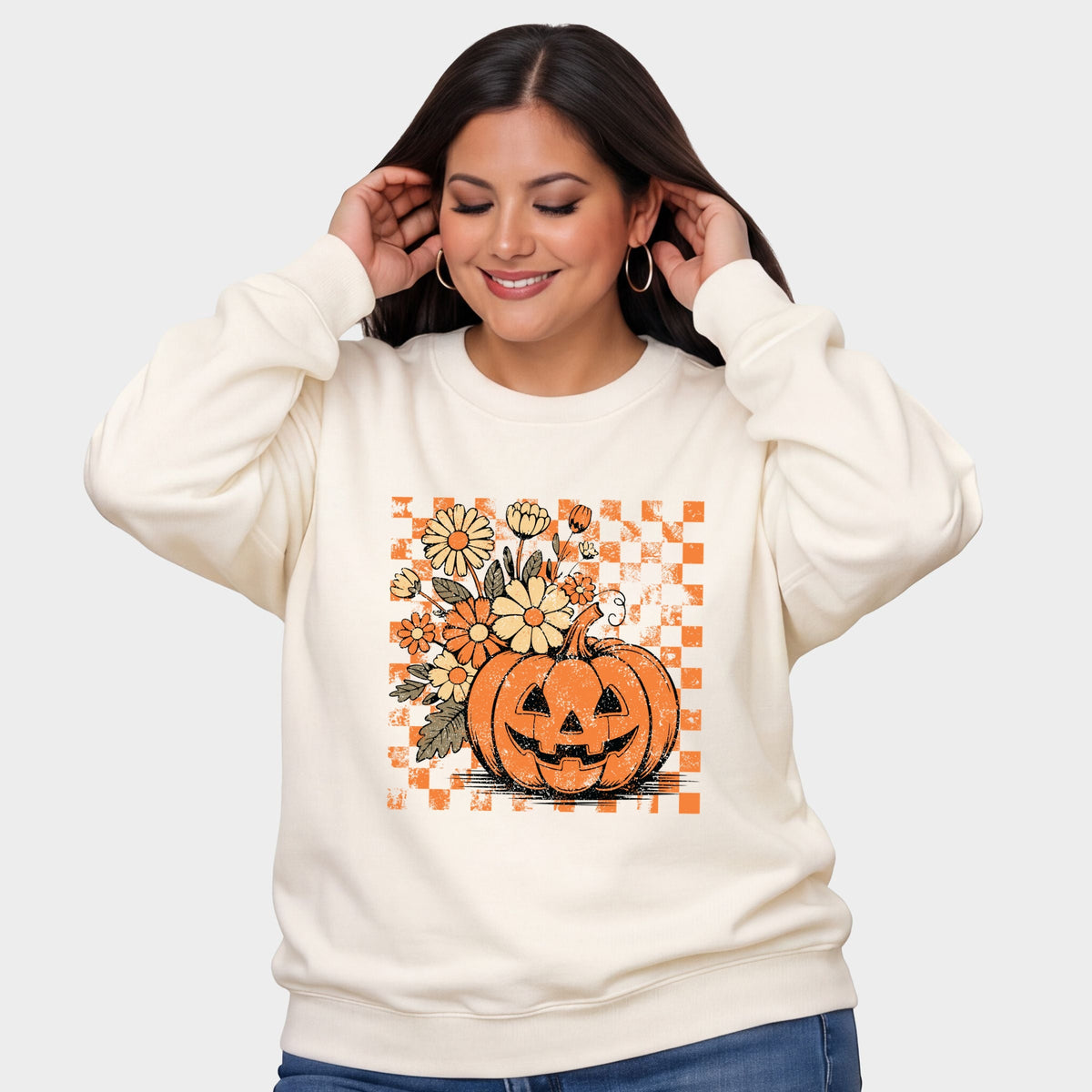 Retro Floral Pumpkin - Women's Plus Sized Graphic Sweatshirt