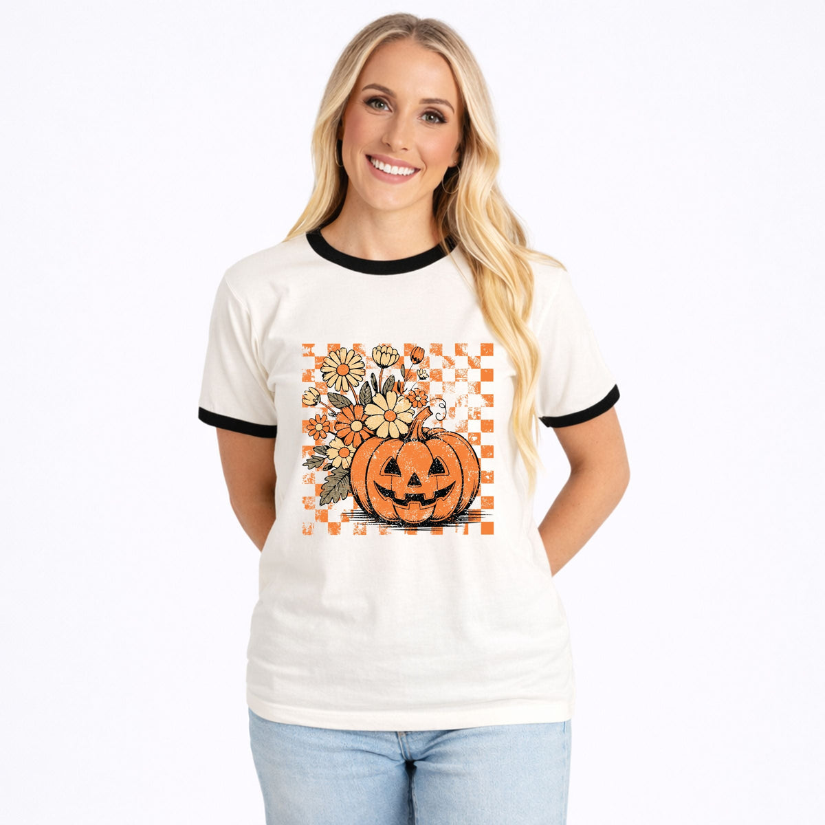 Retro Floral Pumpkin - Women's Ringer Graphic T-Shirt