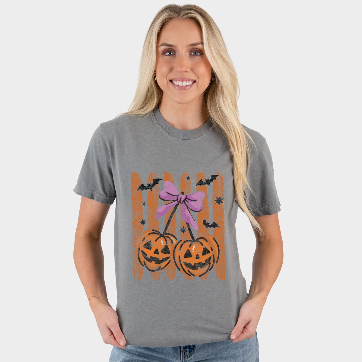 Pumpkin Cherry Bunch - Women's Garment Dyed Graphic T-Shirt