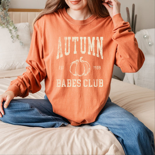 Autumn Babes Club Pumpkin - Women's Garment Dyed Long Sleeve Graphic T-Shirt