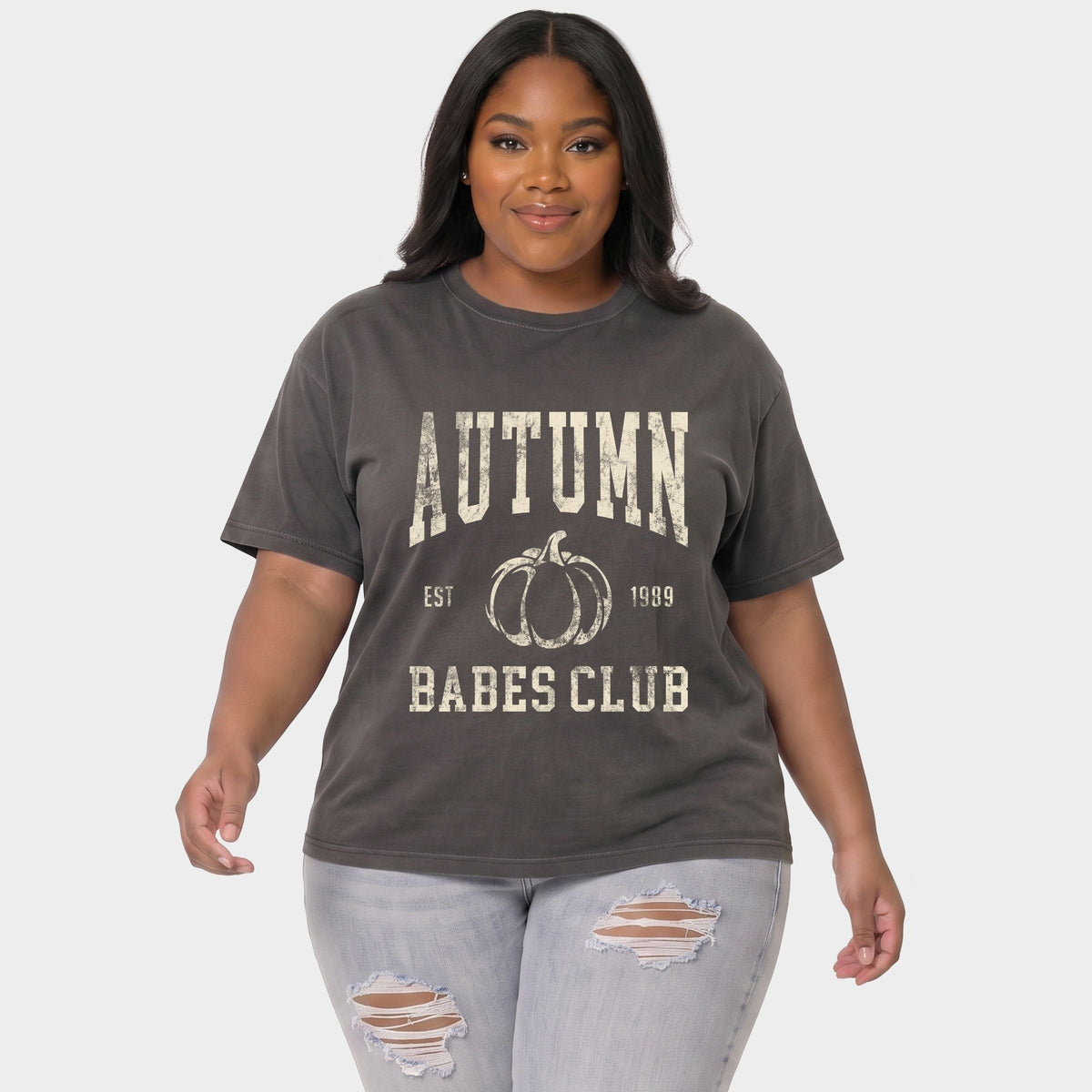 Autumn Babes Club Pumpkin - Women's Plus Sized Garment Dyed Graphic T-Shirt